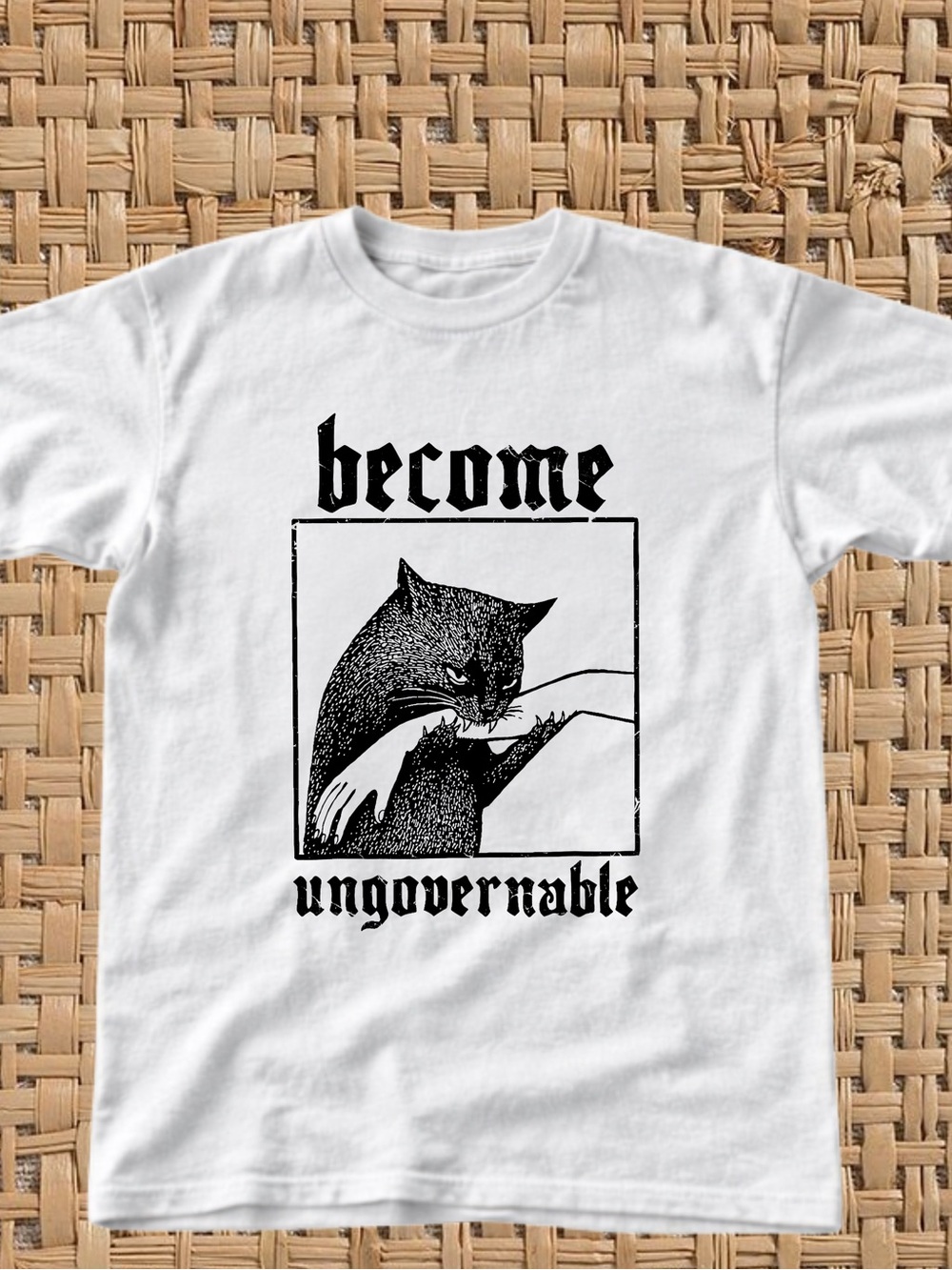 Gildan White Tee with Black 'Become Ungovernable' Cat Graphic